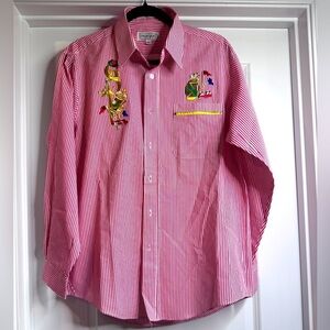 🆕Marquis Red White Stripe Vintage Mens Golf Oxford Button Down Collared Shirt